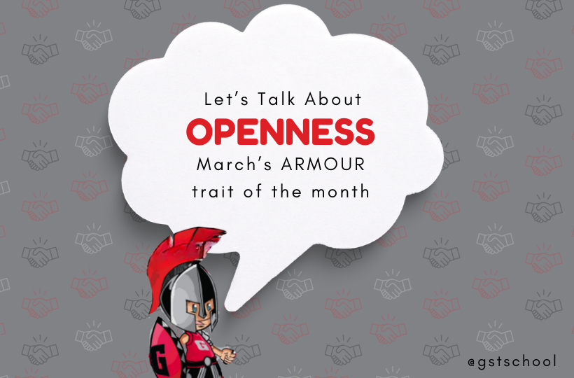 Speech bubble with: Let's Talk about Openness March's Armour trait of the month